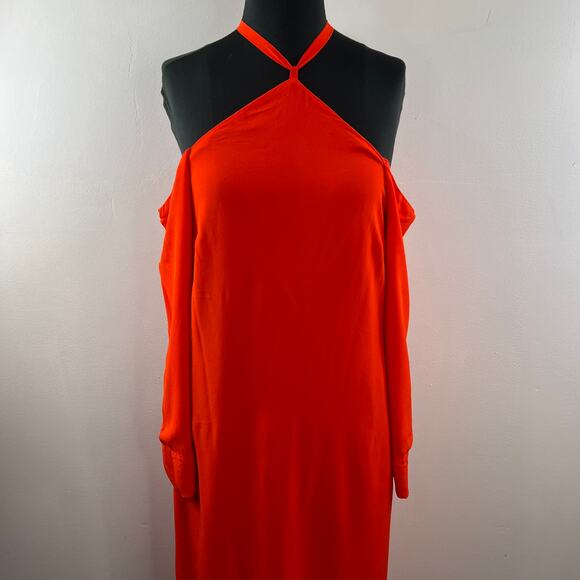 & Other Stories Orange Red Halter Midi Dress Cold Off-Shoulder Pullover Size 8 - Picture 3 of 11